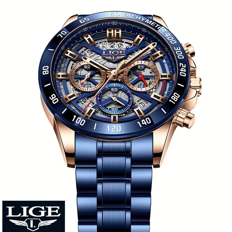 LIGE Luxury Chronograph Watch for Men – Waterproof Stainless Steel Business Quartz Watch