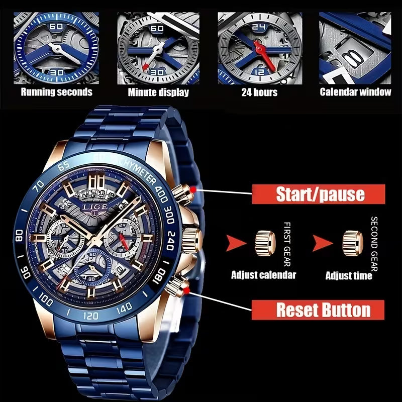 LIGE Luxury Chronograph Watch for Men – Waterproof Stainless Steel Business Quartz Watch