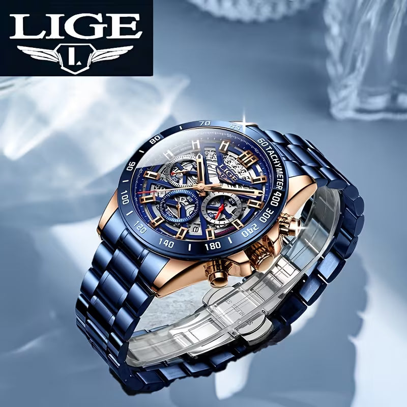 LIGE Luxury Chronograph Watch for Men – Waterproof Stainless Steel Business Quartz Watch