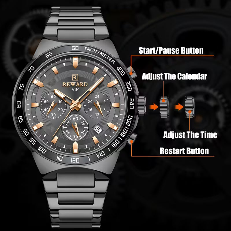 REWARD Phantom Chronograph – Luxury Black Stainless Steel Men's Watch